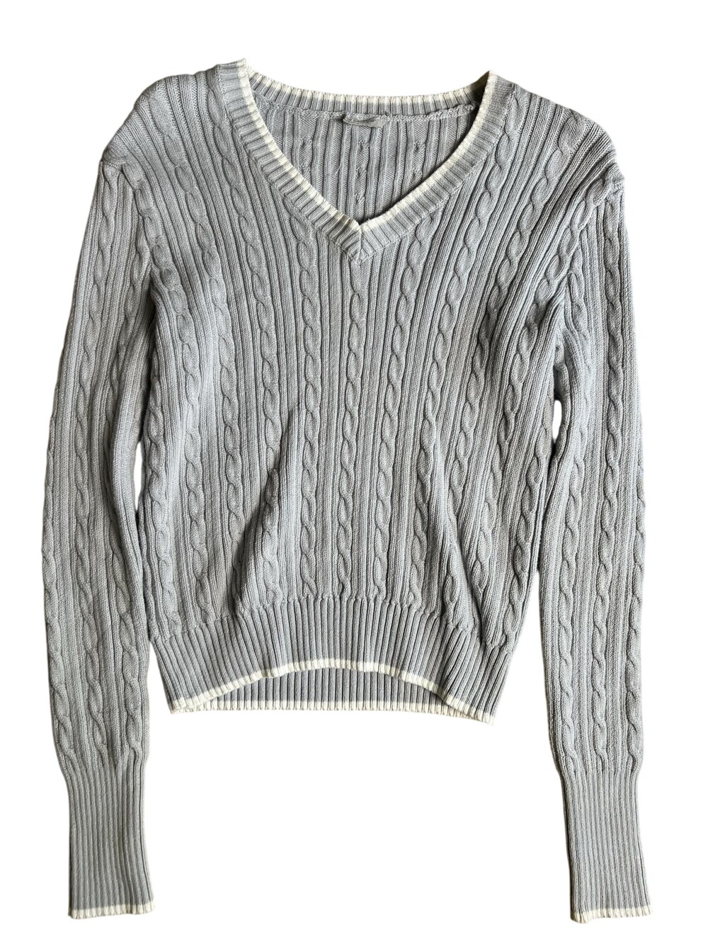 John Galt Sweater Womens S Gray Cable-Knit V-Neck Pullover Lightweight Stretch
